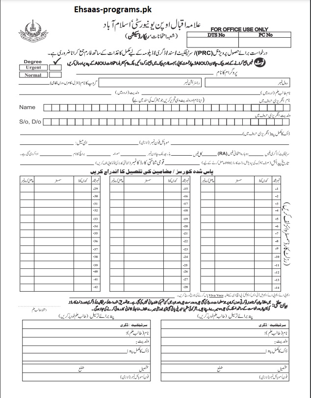 AIOU Degree Apply Online Challan Form by Roll Number 2024