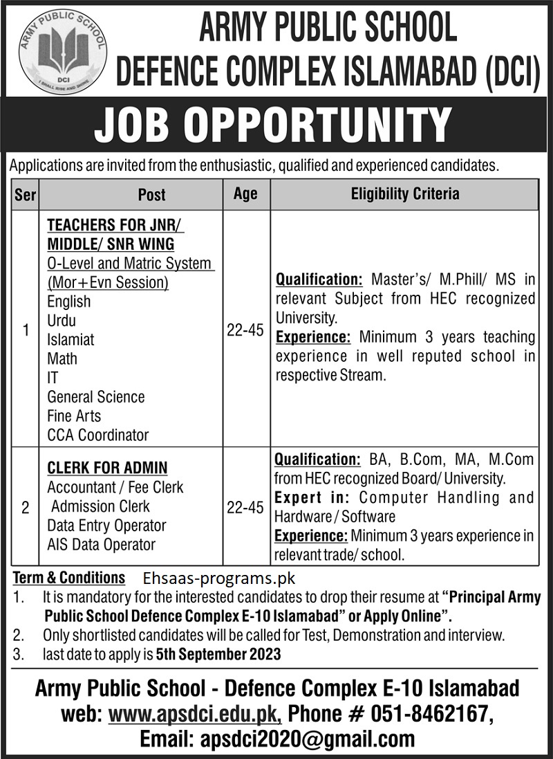 APS School Jobs [Army Public School] Apply Online in 2024